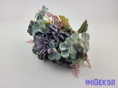 Rózsa + kis virág 7 ágú selyem csokor 29cm - Kék