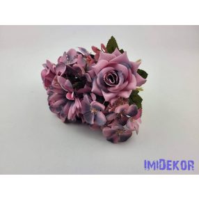   Rózsa + kis virág 7 ágú selyem csokor 29cm - Sötét Lilás Rózsaszín