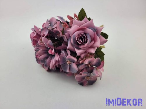 Rózsa + kis virág 7 ágú selyem csokor 29cm - Sötét Lilás Rózsaszín