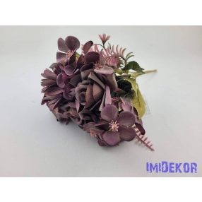   Rózsa + kis virág 7 ágú selyem csokor 29cm - Mély bordó