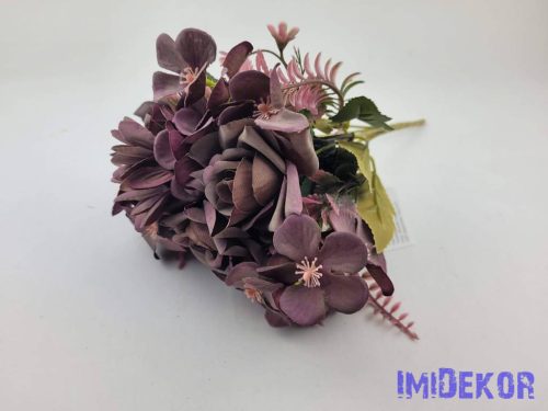 Rózsa + kis virág 7 ágú selyem csokor 29cm - Mély bordó