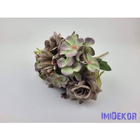   Rózsa + kis virág 7 ágú selyem csokor 29cm - Zöld-Bézs Mix