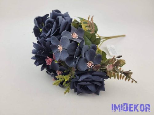 Rózsa + kis virág 7 ágú selyem csokor 29cm - Fekete