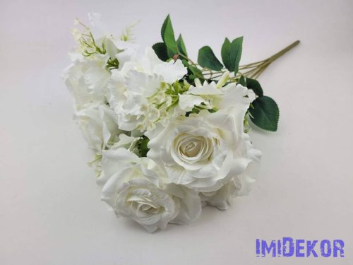 Rózsa 9 ágú selyemvirág csokor 49 cm - Fehér