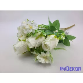 Rózsabimbó 9 ágú selyem csokor 44cm - Törtfehér