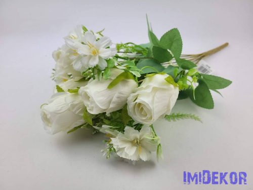 Rózsabimbó 9 ágú selyem csokor 44cm - Törtfehér