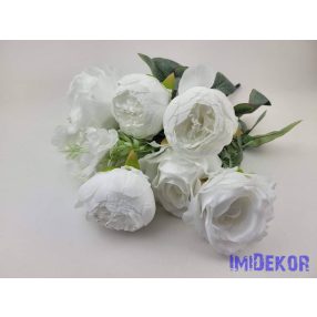 Rózsa-peónia 9 ágú selyemvirág csokor 47cm - Fehér