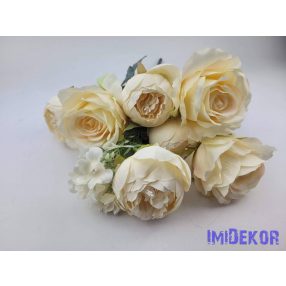 Rózsa-peónia 9 ágú selyemvirág csokor 47cm - Vaj