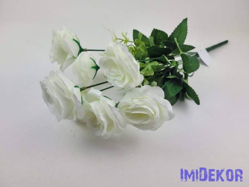 Rózsa 7 ágú selyemvirág csokor 42cm - Törtfehér
