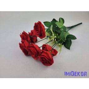Rózsa 7 ágú selyemvirág csokor 42cm - Piros