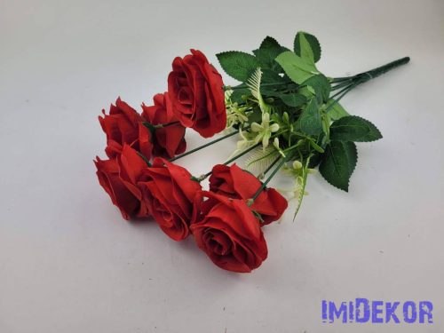 Rózsa 7 ágú selyemvirág csokor 42cm - Piros
