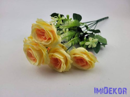 Rózsa 7 ágú selyemvirág csokor 42cm - Sárgás