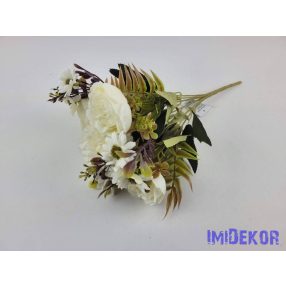   Krizantém-Boglárka 7 ágú selyemvirág csokor 32 cm - Törtfehér