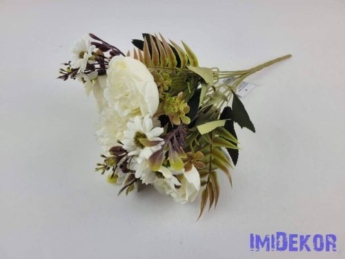 Krizantém-Boglárka 7 ágú selyemvirág csokor 32 cm - Törtfehér