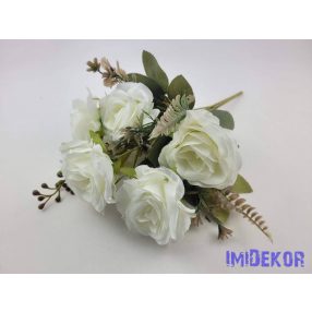 Rózsa 7 ágú selyemvirág csokor 34cm - Törtfehér