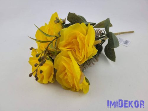 Rózsa 7 ágú selyemvirág csokor 34cm - Sárga