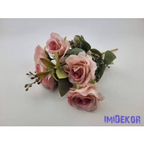 Rózsa 7 ágú selyemvirág csokor 34cm - Rózsaszínes