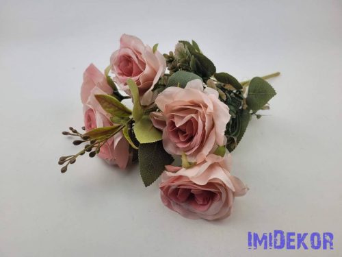 Rózsa 7 ágú selyemvirág csokor 34cm - Rózsaszínes