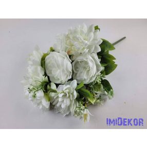   Féloldalas 9 ágú peónia-dália selyemvirág csokor 47cm - Törtfehér