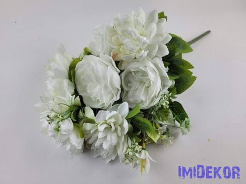 Féloldalas 9 ágú peónia-dália selyemvirág csokor 47cm - Törtfehér