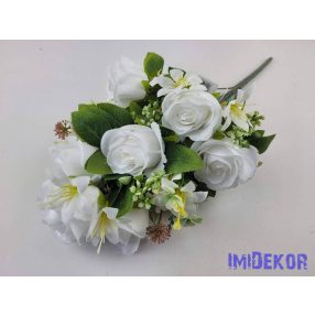 Féloldalas 9 ágú rózsa selyemvirág csokor 48cm - Fehér