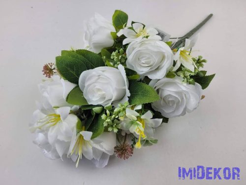 Féloldalas 9 ágú rózsa selyemvirág csokor 48cm - Fehér