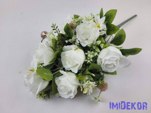 Féloldalas 9 ágú rózsa selyemvirág csokor 48cm - Törtfehér