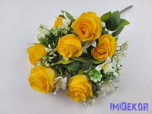Féloldalas 9 ágú rózsa selyemvirág csokor 48cm - Sárga