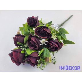 Féloldalas 9 ágú rózsa selyemvirág csokor 48cm - Bordó