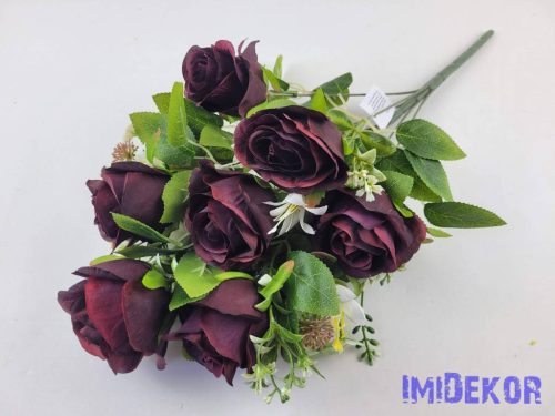 Féloldalas 9 ágú rózsa selyemvirág csokor 48cm - Bordó
