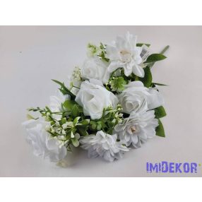   Féloldalas 9 ágú rózsa-dália selyemvirág csokor 50cm - Fehér
