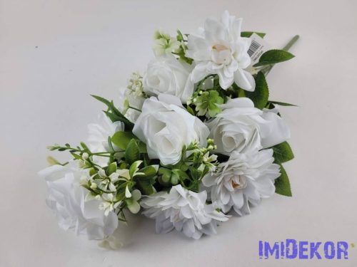 Féloldalas 9 ágú rózsa-dália selyemvirág csokor 50cm - Fehér