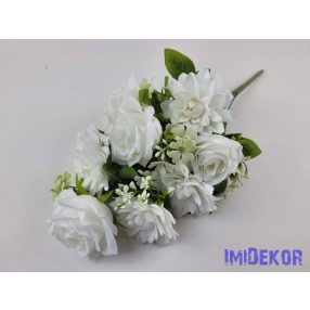   Féloldalas 9 ágú rózsa-dália selyemvirág csokor 50cm - Törtfehér