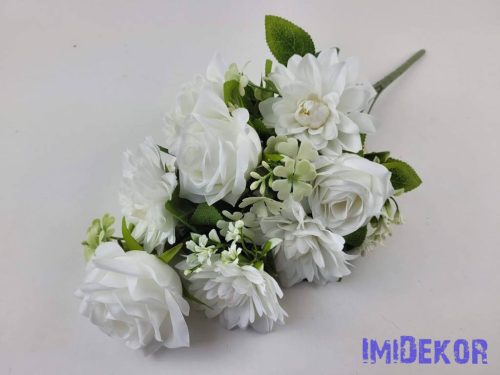 Féloldalas 9 ágú rózsa-dália selyemvirág csokor 50cm - Törtfehér