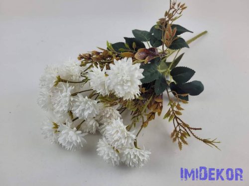 Krizantém mini fejes 7 ágú selyemvirág csokor 40cm - Fehér