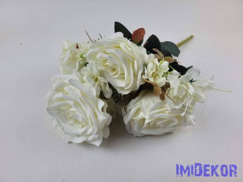 Rózsa 7 ágú selyemvirág csokor 43cm - Krém