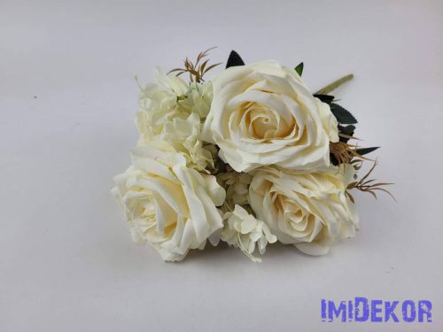 Rózsa 7 ágú selyemvirág csokor 43cm - Vaj