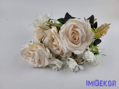 Rózsa 7 ágú selyemvirág csokor 43cm - Halvány Barack