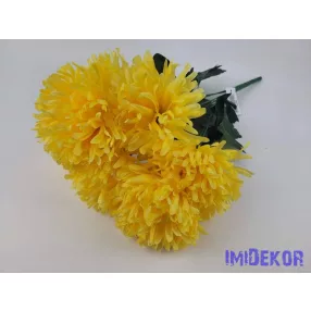   Dús tűszirmú krizantém 7 ágú selyem csokor 39cm - Sárga