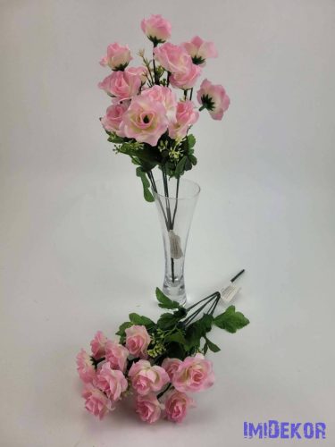 Rózsa 14 fejes selyemvirág csokor zöld díszítővel 30 cm - Rózsaszín