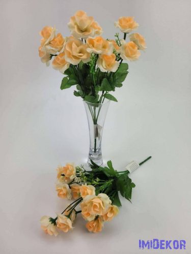 Rózsa 14 fejes selyemvirág csokor zöld díszítővel 30 cm - Halvány Barack
