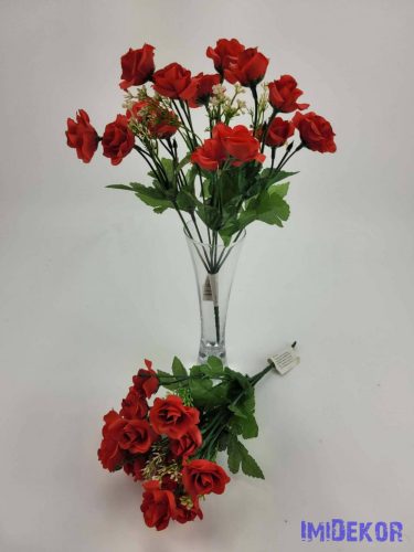 Rózsa 14 fejes selyemvirág csokor zöld díszítővel 30 cm - Piros