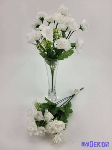 Rózsa 14 fejes selyemvirág csokor zöld díszítővel 30 cm - Tört fehér