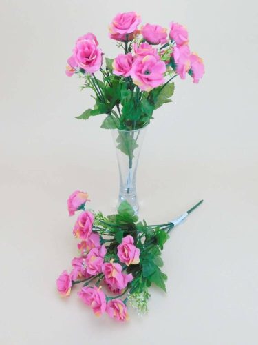 Rózsa 14 fejes selyemvirág csokor díszítővel 30 cm - Sötét Rózsaszín