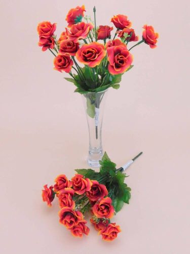 Rózsa 14 fejes selyemvirág csokor díszítővel 30 cm - Őszi Narancs