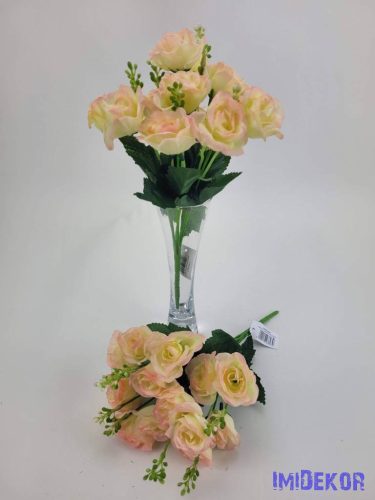Rózsa 14 fejes selyemvirág csokor díszítővel 30 cm - Krémrózsaszín