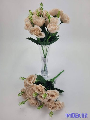 Rózsa 14 fejes selyemvirág csokor díszítővel 30 cm - Sötét púder