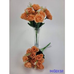   Rózsa 14 fejes selyemvirág csokor díszítővel 30 cm - Pasztel Narancs