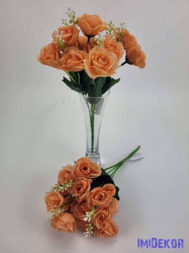 Rózsa 14 fejes selyemvirág csokor díszítővel 30 cm - Pasztel Narancs