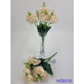   Rózsa 14 fejes selyemvirág csokor díszítővel 30 cm - Púder